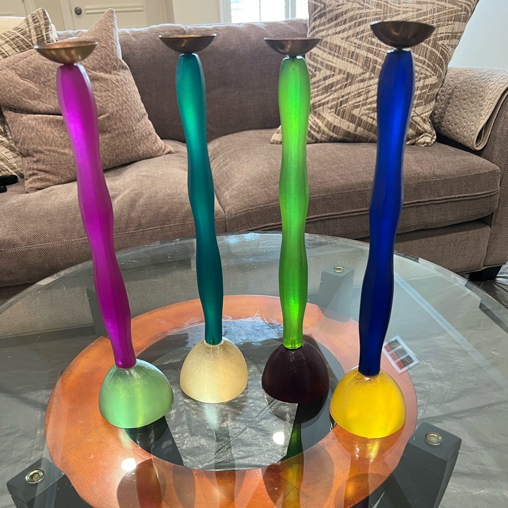 MIGEON & MIGEON RARE AND COLLECTABLE SIGNED RESIN CANDLESTICKS.